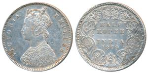 Victoria Empress, Silver ½ Rupee, 1879, Calcutta Mint, A / I / C incuse, (Prid 263). The r