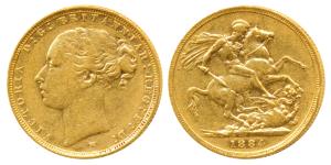 Australia, Victoria, Gold Sovereign, 8g, 1884, veiled head, St. George slaying a dragon on