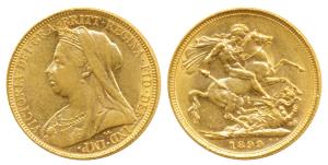 Australia, Victoria, Gold Sovereign, 8g, 1899, veiled head, St. George slaying a dragon on