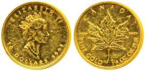 Canada, Elizabeth II, Gold 10 Dollar, 7.75g (¼ ounce), 2002, Maple leaf on rev. (KM 189). 