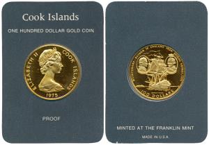 Cook Islands, Elizabeth II, Gold $100, 7.77g, 1975, Bicentenary return to England from sec