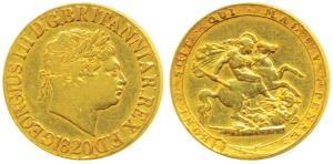 Great Britain, George III, Gold Sovereign, 1820, 1820, St. George slaying a dragon within 