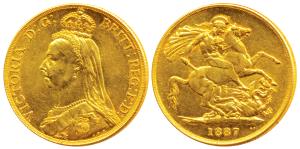 Great Britain, Victoria, Gold 2 Pounds, 16g, 1887, Jubilee head, St. George slaying a drag