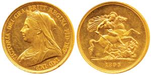 Great Britain, Victoria Queen, Gold 5 Pounds, 39.82g, 1893, Veiled head, St. George slayin