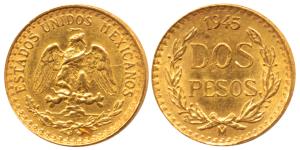 Mexico, Gold Dos or 2 Pesos, 1.68g, 1945, eagle holding a snake in its beak (KM 461). Unci