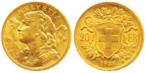 Switzerland, Gold 20 Francs, 6.5g, Bern Mint, draped bust of Helvetia to left and the Swis