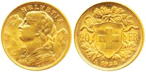 Switzerland, Gold 20 Francs, 6.5g, Bern Mint, draped bust of Helvetia to left and the Swis