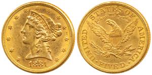 United States of America, Gold (Dollars) $5, 8.34g, Liberty head on obv., Motto ’In God we