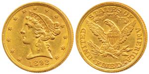 United States of America, Gold (Dollars) $5, 8.34g, Liberty head on obv., Motto ’In God we