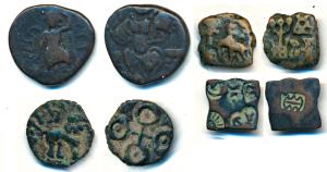 Punch Marked, Eran-Vidisha Region, Copper Karshapana (1), obv. sun, six armed, yupa type a