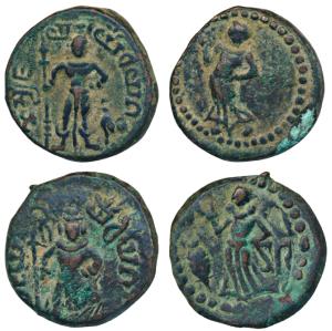 Yaudheyas, Copper Unit (2), obv. Lord Kartikeya with peacock and Brahmi legend Yaudheya Ga