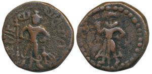 Yaudheyas, Copper Unit, 10.95g, obv. Lord Kartikeya with peacock and Brahmi legend Yaudhey