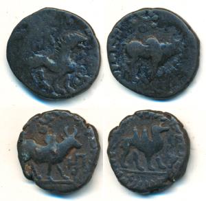 Indo-Scythians, Azes, Copper Unit, obv. bull walking to right with Greek legend around, re