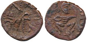 Kushanas, Huvishka (c. 152-192 AD), Copper Unit, 7.60g, obv. king seated holding sceptre i
