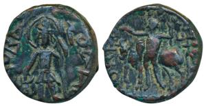 Kushanas, Vasudeva, Copper ½ Unit (Tetradrachm), 4.76g, obv. king standing left, holding a