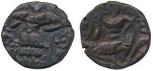 Huns, Kashmir, Toramana (c. 540-570 AD), Copper Drachma, 7g, obv. king standing slightly l