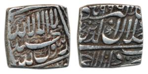 Akbar, Silver Square Rupee, Dar-ul-Sultanate Ahmedabad Mint, AH 996, Kalima type, (KM 82.1