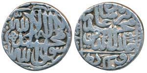 Akbar, Silver Rupee, 11.11g, Dar-ul-Mulk Delhi Mint, Kalima type, AH 984, unlisted in KM. 
