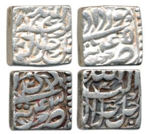 Akbar, Silver Square Rupee (2), Tatta Mint, Ilahi type, Month Khurdad, Year 45 and Month D