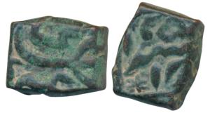 Akbar, Square Copper 1/8 Tanka / ¼ Falus, 6.52g, Ujjain Mint, Ilahi type, Month Ardibihish