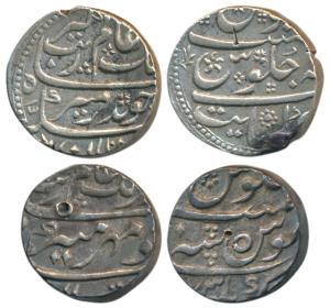 Aurangzeb, Silver Rupee (2), Akbarnagar Mint, with Mihir e Munir couplet, AH (10)73/5; Kha