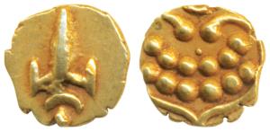 Tanjavore, Venkoji, Gold Fanam, Katar on obv., degenerate Kali on rev. (M&W T3, p.184). Ex