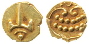 Tanjavore, Venkoji, Gold Fanam, Katar on obv., degenerate Kali on rev. (M&W T3, p.184). Ex