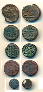 Copper Kachcha Paisa (2), Gwalior, Jawad Mint, long tree branch and scimitar; Indore, Mehi