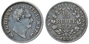 William IV, Silver ¼ Rupee, 1835, Calcutta Mint, F incuse, Wreath with 19 Berries (10L+9R)