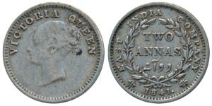 Victoria Queen, Silver 2 Annas, 1841, continuous legend, Madras Mint, English Head, S incu