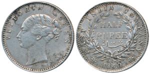 Victoria Queen, Silver ½ Rupee, 1840, continuous legend, Bombay Mint, English Head, 19 Ber