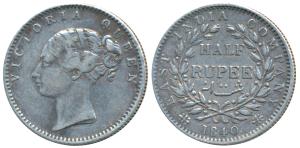 Victoria Queen, Silver ½ Rupee, 1840, continuous legend, Bombay Mint, English Head, 19 Ber