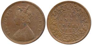 Victoria Queen, Copper ½ Anna, 1875, Calcutta Mint, (Prid 583). About Very Fine, Very Rare