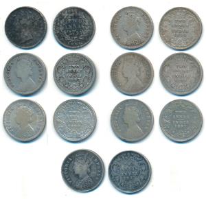 Victoria Queen and Empress, Silver 2 Annas (7), 1841, 1887, 1888, 1890, 1896, 1897 (2). Fi
