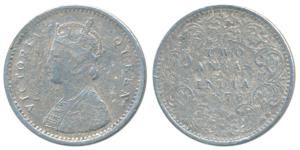 Victoria Queen, Silver 2 Annas, 1876, Bombay Mint, A / I / No mint mark, (Prid 518). Fine+