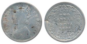 Victoria Empress, Silver 2 Annas, 1886, Calcutta Mint, B / II / C incuse; Bombay Mint, A /