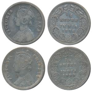 Queen Victoria and Empress, Silver ¼ Rupee (2), 1876 and 1890. Fine+ to Very Fine. (2)