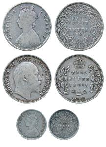 Victoria Empress and Edward VII, Silver ½ Rupee (2), 1893 and 1907; Silver 2 Annas, 1889. 