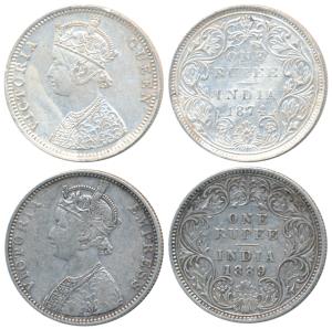 Victoria Queen & Empress, Silver Rupee, 1874, Bombay Mint, C1 / II / No mint mark; 1889, B
