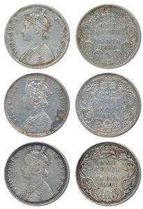 Victoria Empress, Silver Rupee, 1885, A3 / I / B raised; 1888, C2 / I / B raised; 1901, Bo
