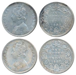 Victoria Empress, Silver Rupee, 1887, Bombay Mint, C2 / I / B incuse, normal B with 7 over