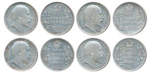 Edward VII, Silver Rupee (4), 1903, 1904, 1905 and 1907, Calcutta and Bombay Mints. Fine+ 