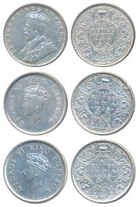 George V, Silver ½ Rupee, 1936; George VI, Silver ½ Rupee (2), 1938, 1939, Bombay Mint, (P