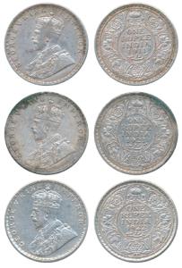 George V, Silver Rupee (3), 1911, 1921, 1922, Bombay Mint. Very Fine+. (3)