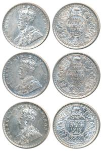 George V, Silver Rupee, 1912, 1913 and 1919, Calcutta Mint. Uncirculated. (3)