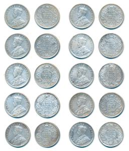 George V, Silver Rupee (10), 1912, 1913, 1917 (3), 1918, and 1919 Bombay Mint; And 1916 an