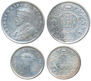 George V, Silver Rupee, 1921, Bombay Mint; George VI, Silver ½ Rupee, 1939, Bombay Mint. T