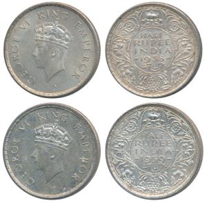 George VI, Silver ½ Rupee (2), 1938 and 1939, Bombay Mint. About Extremely Fine. (2)