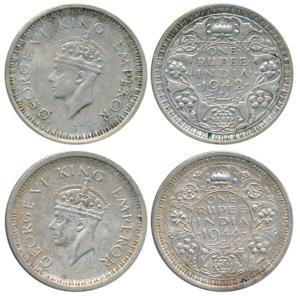 George VI, Silver Rupee (2), 1942 and 1944, Bombay and Lahore Mint. Very Fine+. (2)