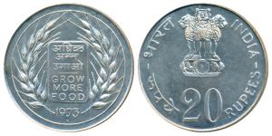 Silver Rupees 20, 1973, Grow More Food, Bombay Mint (KM 240). Uncirculated.
